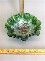 Green Carnival Glass Bowl Peacock Feathers