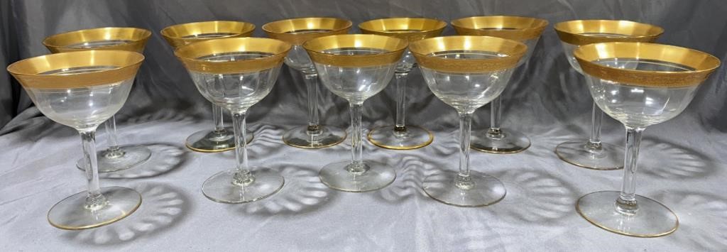 (11) Tiffin Minton Gold Rim Champagne Glasses