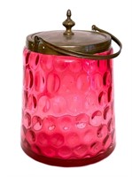 Antique Cranberry Glass Coin Dot Biscuit Barrel