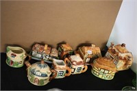 LOT OF PAINTED TEA POTS, BUTTER DISH, CREAMER,