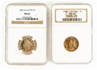 Coin 1938-D Buffalo&1883 Lib. Nick-NGC-MS65