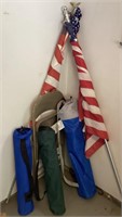 3 bag chairs, flags, and folding chair