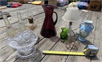 Satin Glass Lamp & Art Glass
