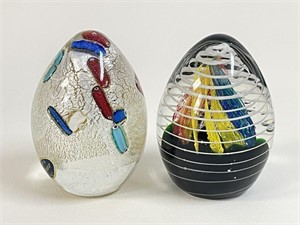 2 Egg Shaped Art Glass Paperweights