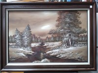 Oil Canvas Winter Pine Scene