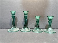 4 Green Glass Candlesticks Holders