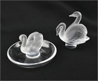 Lalique Two Swans Figurine & Swan Dish