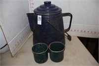 ENAMEL COFFEE POT AND CUPS