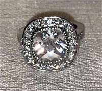 Sterling Silver Clear Stones Cocktail Ring, Sz 9