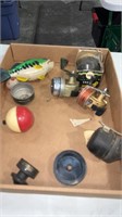4 Vintage Fishing Reels for parts and a toy Bass,
