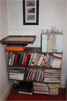 Metal Shelf w/cookbooks, magazines, & Frames