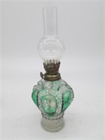 GREEN CLEAR GLASS KEROSENE LAMP 11" TALL ALL CLEAN