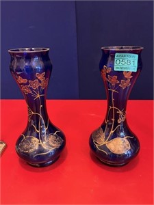 Pair of Stylised Blue Glass Vases with Gilded
