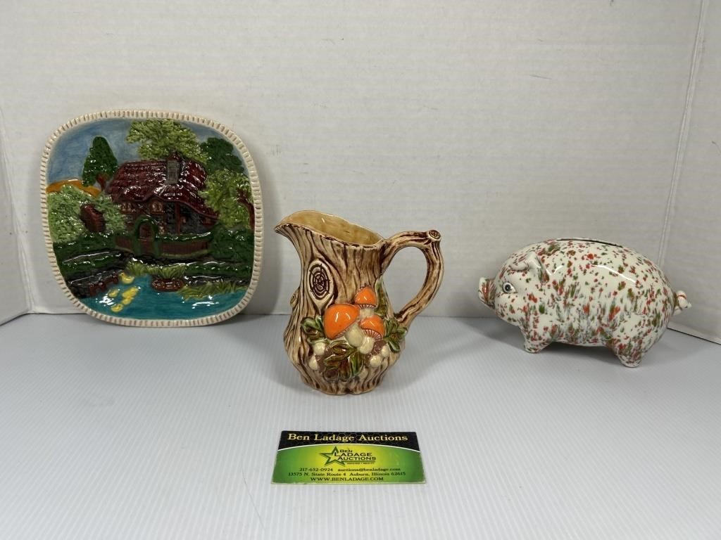 Hand Painted Mushroom Pitcher, Piggy Bank and