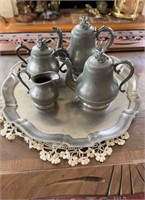 Vintage pewter tea set, includes tea pots, a