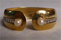 Hammered Gold, Pearl & Diamond Cuff Bracelet