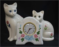 3 pcs. Alcobaça Pottery Cats & Clock