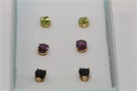 3prs 14k gold Earrings; Amethyst, Sapphire,