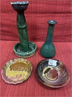 4 pc Art pottery, vase 7.5”, candlestick 10”x 2