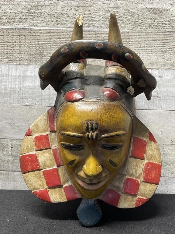 Large Wooden Mask Top Horn Broke 11" Wide X 16" Hi