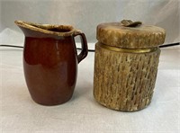 Stone Ware Pitcher and Stone Jar w Lid