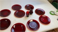 11pcs red glass plate, cup, pitcher set