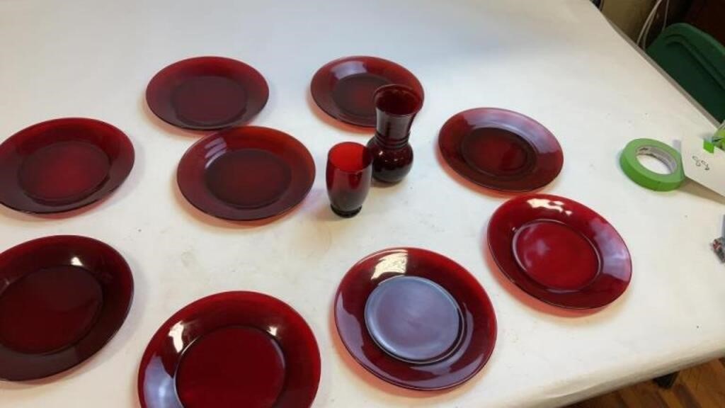11pcs red glass plate, cup, pitcher set