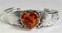 Sterling Heart Shaped Baltic Amber Cuff 29 Grams