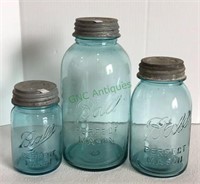 Set of three blue ball Mason jars with zinc lids