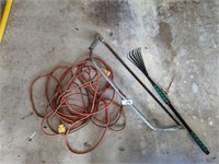 Extension Cord, Saw & Small Rake