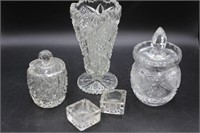 Vintage Pressed Glass Vase, Mustard Jars, Cellars