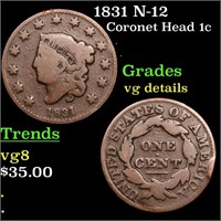 1831 N-12 Coronet Head Large Cent 1c Grades vg det
