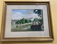 Framed original watercolor - boats by the bridge -