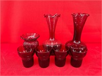 Vintage Crimson Red Glass Vases & Tumblers