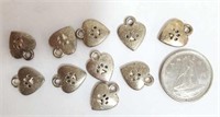 10 Silver-Tone Heart Charms w/Dog Paw Print