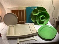 Plastic bowls, silverware carrier, cutting boards