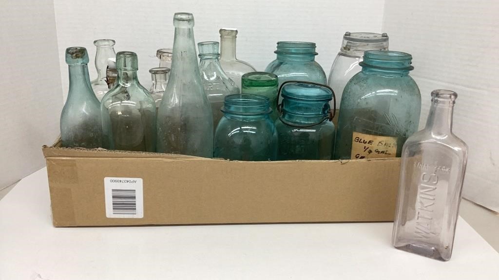 Vintage canning jars and bottles.