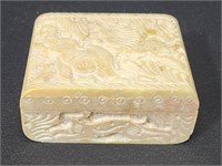 CARVED BOX W/ ELEPHANT & LION, HINGED LID