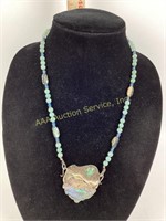 Signed sterling, jade & abalone necklace. Weight