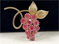 vintage Pink Rhinestone Gold leaf Grape Brooch