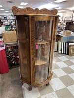 ANTIQUE OAK CURVED GLASS CURIO CABINET