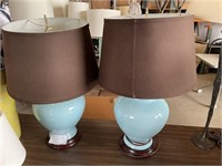 2 Light Blue Lamps w/ Brown Shades