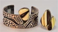 Indian Bone, Silver & Wood Cuff Bracelet & Ring