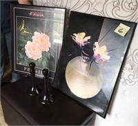 80's framed pictures and Haeger Candle Sticks