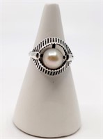 Modernist Sterling Silver Ring set with a Pearl