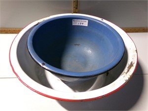 2 enamel pots, red and white, blue and black