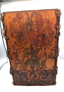 Antique Tramp Art 4 Panel Leather Laced Basket