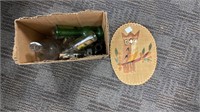 Box of glass bottles, owl picture