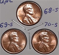 UNC LINCOLN CENT 3-SET 1968-S 1969-S 1970-S