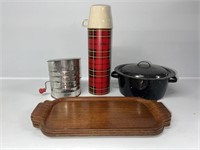 Large Thermos, Wooden trays , Enamel pot